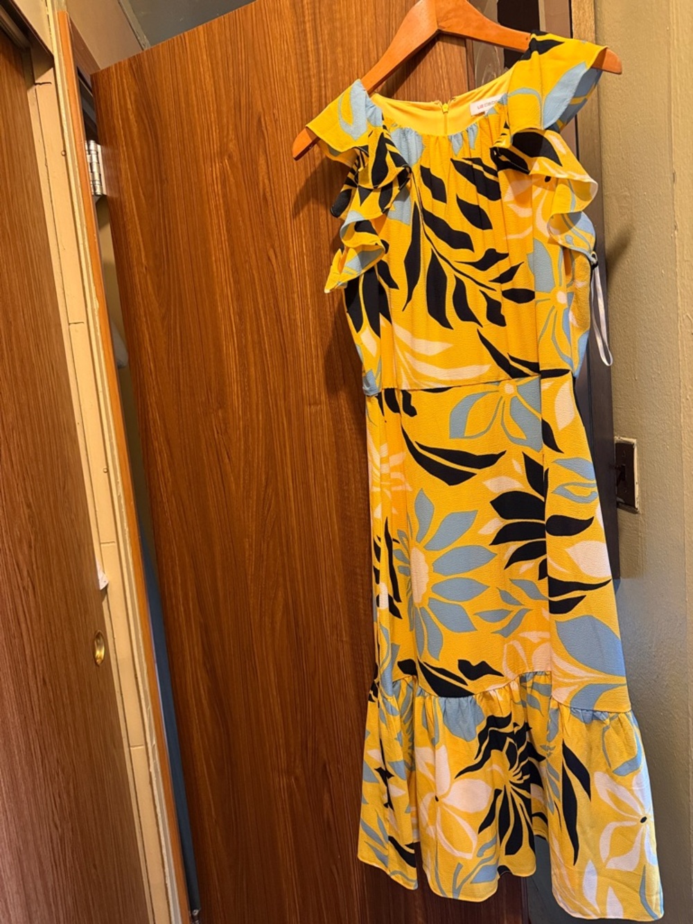 Liz Claiborne Yellow Floral Midi Dress with Blue and Black Accents
